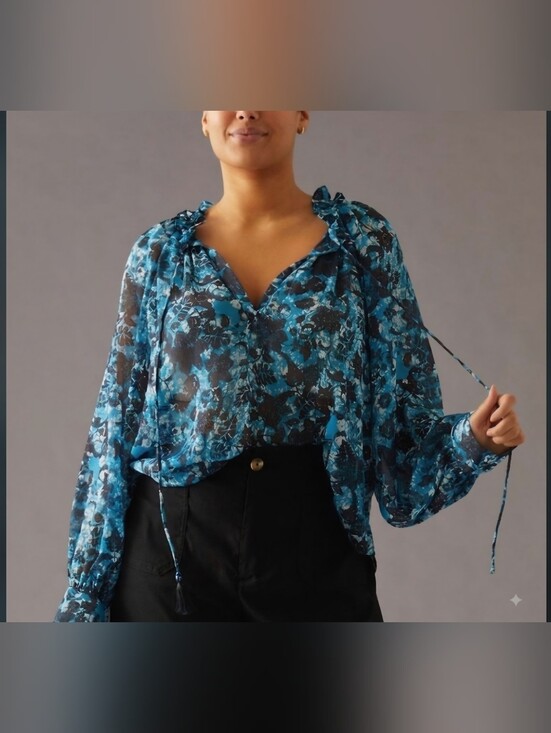 Anthropologie Tops - Anthropologie Blue Floral Tie-Neck Sheer Blouse, Size S.